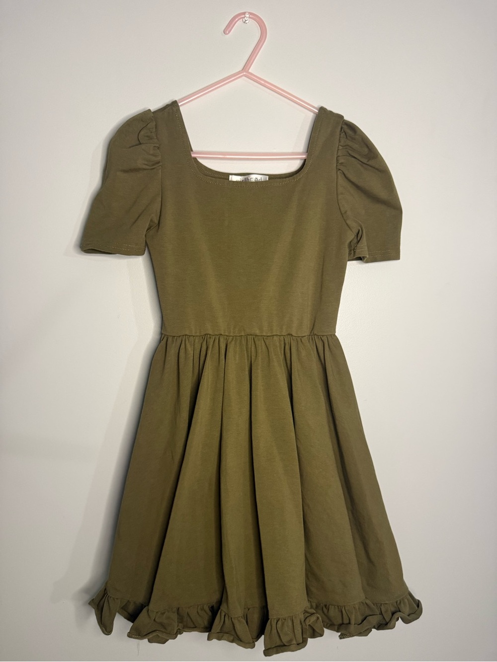 Girls Olive Puff-Sleeve Ruffle-Hem Dress